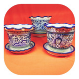 Set 3 Macetas Con Plato Medianas Azul Talavera Poblana Mt3