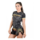 Conjunto Muay Thai Feminino Camisa E Short Dragon Dourado