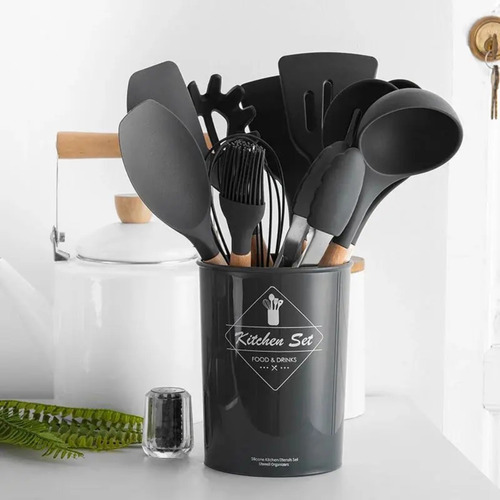 Kit 12 Peças Utensílios De Cozinha Em Silicone Cabo Madeira