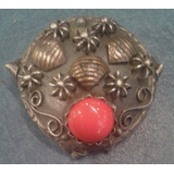 Antiguo Prendedor Broche Plata 800 Oro 18k  Coral