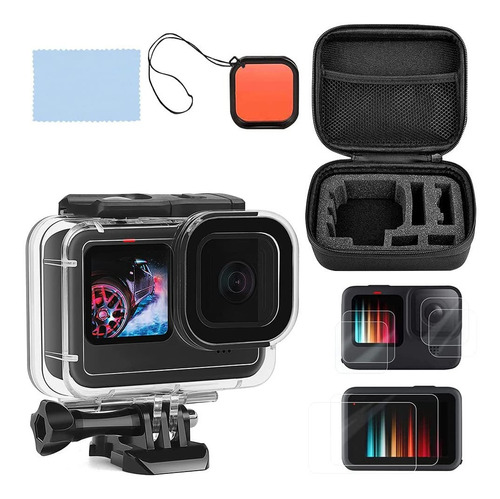 Kit Accesorios Para Goprohero 9/10 Carcasa+ Micas+lente Rojo