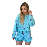 Pijama Feminino Inverno Manga Longa E Short Conjunto De Frio