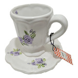 Taza Con Plato Antiguo Blanca Deco Flores De Cerámica Pomela