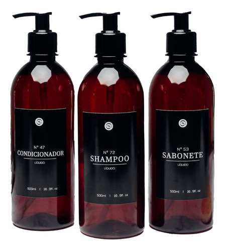 Kit Banheiro 3pçs Frasco Shampoo Cond Sab 500ml Rótulo Preto