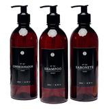 Kit Banheiro 3pçs Frasco Shampoo Cond Sab 500ml Rótulo Preto