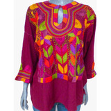 Blusa Bordada A Mano De Chiapas En Rayon Talla 2xl / Vino #2