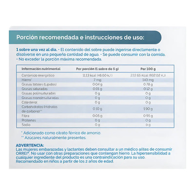 Orrei Hierro Liposomal 7 Mg 30 Sobres | Gel Oral | Sabor Sin Sabor | Meses sin interés