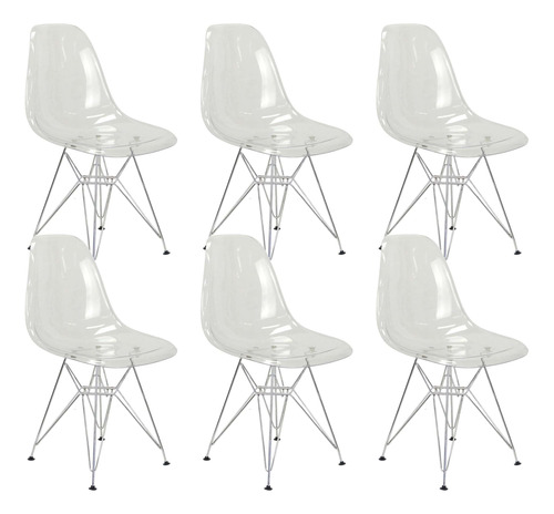 Kit 6 Cadeiras Eames Cristal Transparente Base Metal Cromado