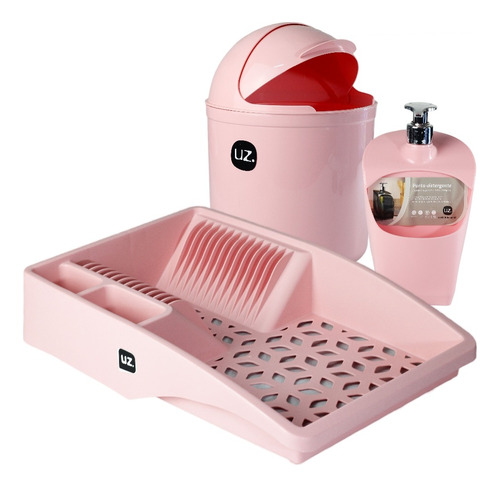 Kit Cozinha Escorredor De Louça Lixeira 4l Dispenser Rosa Uz