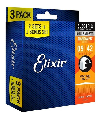 Encordoamento Elixir Cordas Guitarra 009 Super Light Pack 3