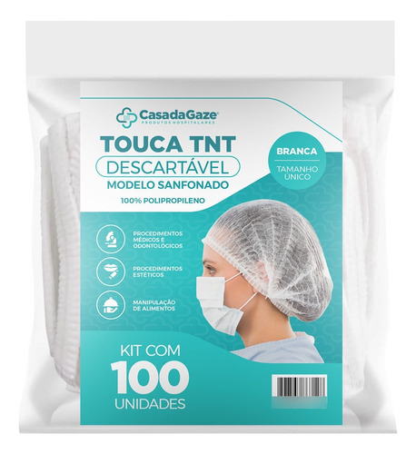 Touca Descartável Branca Tnt C/ Elástico C/ 100 Unidades Cor Branco N/a