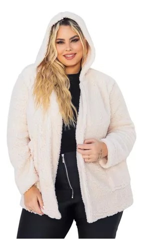 Casaco De Frio Sobretudo Teddy Capuz Felpudo Plus Size Blusa