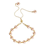 Pulsera Ajustable Perlas Rosa Elegantes Moderna Baño Oro 18k