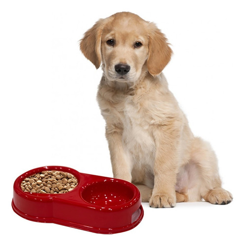 Comedero Plato Doble Mascota Perro Gato Plastico Colombraro Color Rojo