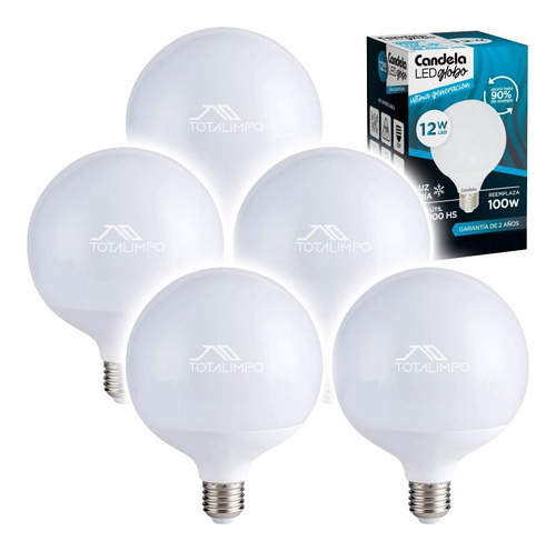 5 Lámparas Led Globo 12w (100w) Luz Fría Candela 6800