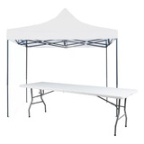 Toldo Carpa Impermeable 3x3 M + Mesa Plegable 180cm Portatil Color Blanco