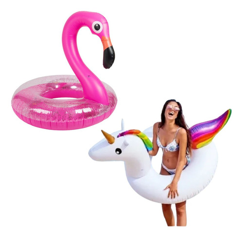 Kit Boia Unicórnio + Boia Flamingo Grande Piscina + Brinde 