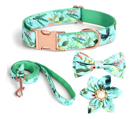 Accesorios Para Paseo Con Estampado Floral Para Perro Y Gato Color Verde Tamaño Del Collar Grande