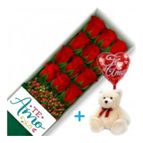 Arreglos Florales Caja 12 Rosas + Tarjeta + Globo + Peluche