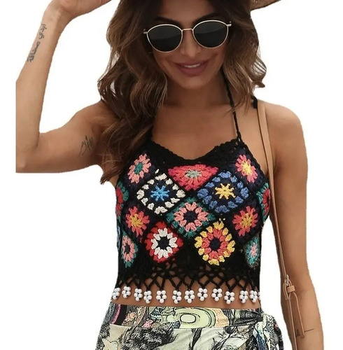Top Corto Tejido Para Playa Cover Up Mujer Sexy Negro Blanco