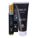 Kit Perfume + Creme 121 Vip Black Masculino Zyone Gratis Duas Amostras De Perfume Feminino