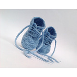 A351 Botinha Sapatinho De Croche Bebe Masculino Azul Cadarco