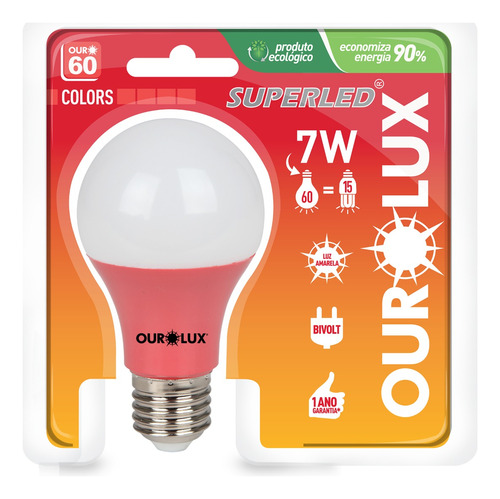 Lâmpada Superled Ouro Bulbo A60 7w E27 Bivolt Colors Ourolux Cor Da Luz Vermelha 110v/220v