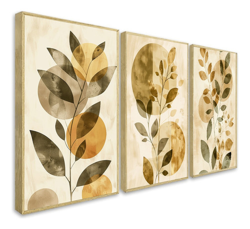 Kit 3 Quadros Decorativo Folhagem Abstrato Boho Sala Moldura