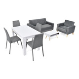 Combo De Comedor Voru 4p + Sillas Venecia + Sala Barú Diseño De La Tela De Las Sillas Blanco/gris