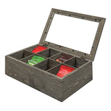 Vintage Gray Wood Tea Bag Holder Storage Box With 8 Com..