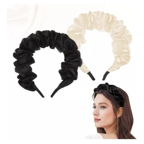 Diadema Rígido Tela Seda Moda Negro Beige 2 Pzc