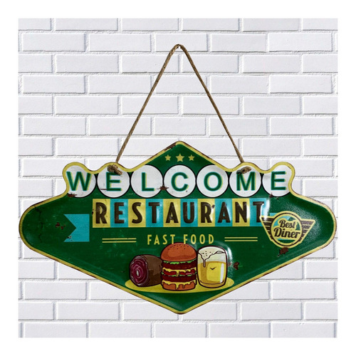 Placa Metal Decorativa Welcome Fast Food Alto Relevo 40x22cm