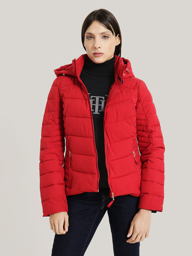 Parka Acolchada Con Cierre Y Gorro Rojo Tommy Hilfiger