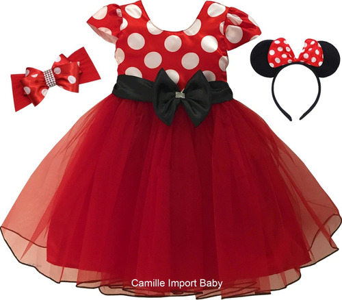 Vestido Minnie Vermelha 1 A 12 Anos Poá Infantil  E 2 Tiaras
