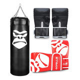 Kit Saco De Pancada Boxe + 2 Luvas Bate Saco Infantil Gorila Cor Preto/vermelho