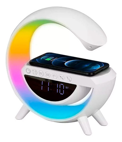 Reloj Velador Luz Led Cargador Celular Parlante Bluetooth Estructura Blanco Pantalla Negro