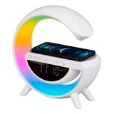 Reloj Velador Luz Led Cargador Celular Parlante Bluetooth Estructura Blanco Pantalla Negro