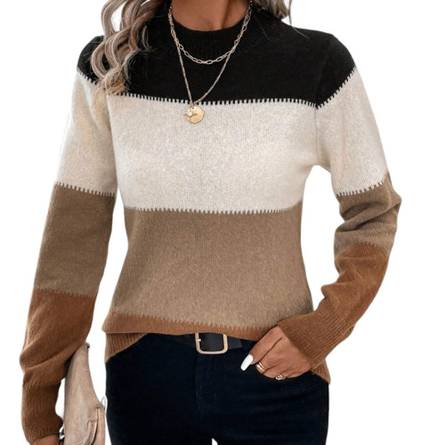Sweater Jersey De Color Combinado De Cuello Alto