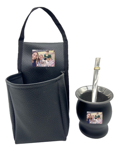  Porta Mate Ecocuero Negro C/ Mate Acero Personalizado