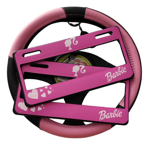 Juego Funda De Volante Par Portaplacas Barbie Girl Rosa Auto