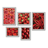 Kit Com 5 Quadros - Vermelho Cozinha Frutas - 095kq01p Cor Moldura Branca