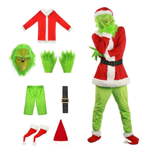 2024 Roupa De Papai Noel Adulto Furry Green Monster, 7 Peças