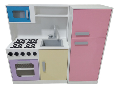Cozinha Infantil Completa + Geladeira Mdf - Rosa E Branco