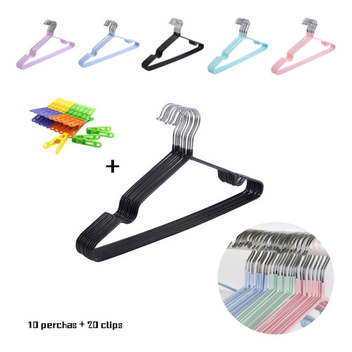 10 Ganchos Ropa Tintoreria Metalicos Antiderrapantes+20clips