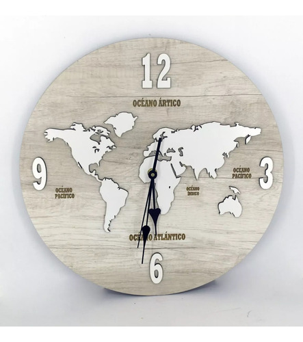 Reloj De Pared De Madera Analógico Diseño Mapa Mundi 60x60