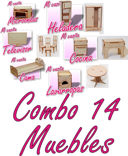 Combo 14 Muebles Para Barbie Mdf Fibrofacil Para Armar