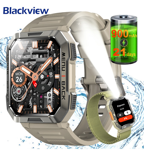 Reloj Smartwatch Reloj Inteligente Blackview Bvw60 Caqui De 2.1 Pulgadas, Smart Watch, Hombre Reloj Inteligente Militar, Linterna Bluetooth, Ip68, 900mah,resistente Al Agua, Caqui