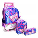 Kit Mochila Borboleta Land Fairy Brilhos Tam G Rodinha Rosa