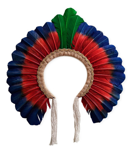 Cocar Indígena Penas Coloridas Decoração Vermelho E Azul