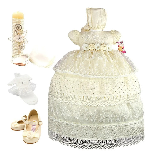 Vestido Bautizo Niña + Kit De Vela + Zapatos + Calcetas Mara